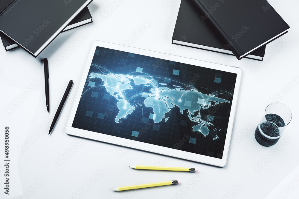 Poster Modern digital tablet display with abstract graphic world map with connections, globalization concept. Top view. 3D Rendering