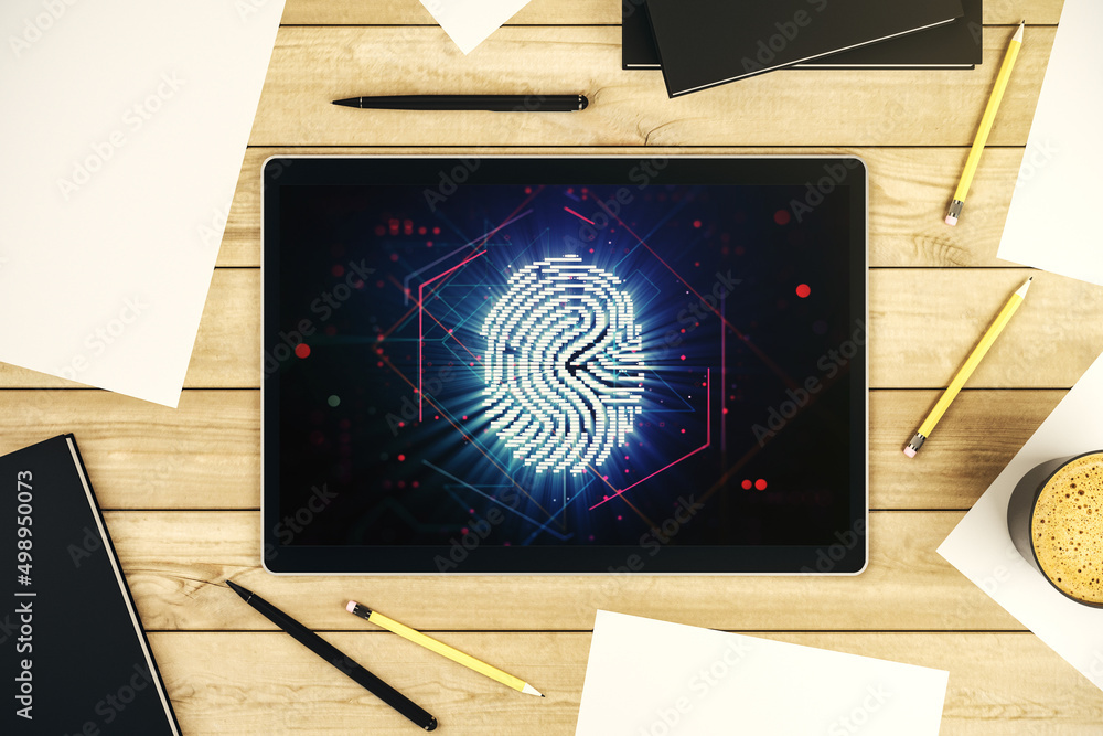 Poster Modern digital tablet monitor with abstract fingerprint scan interface, digital access concept. Top view. 3D Rendering