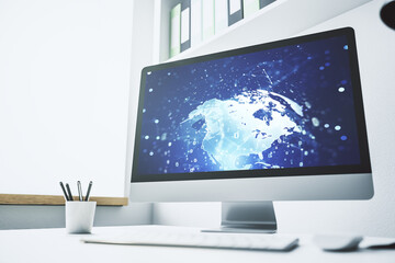 Fototapeta premium Modern computer display with abstract programming language hologram and world map, artificial intelligence and neural networks concept. 3D Rendering