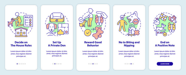 Training dog tips onboarding mobile app screen. Decide on house rules walkthrough 5 steps graphic instructions pages with linear concepts. UI, UX, GUI template. Myriad Pro-Bold, Regular fonts used