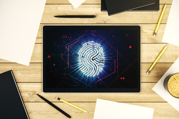 Modern digital tablet monitor with abstract fingerprint scan interface, digital access concept. Top view. 3D Rendering