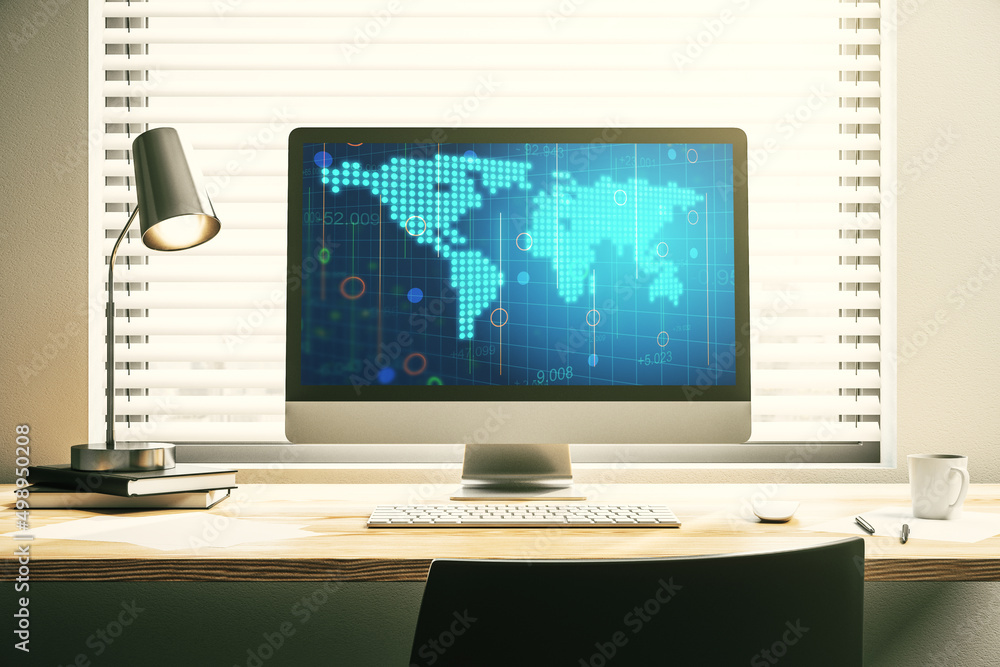 Fototapete Modern computer display with abstract graphic world map, big data and networking concept. 3D Rendering