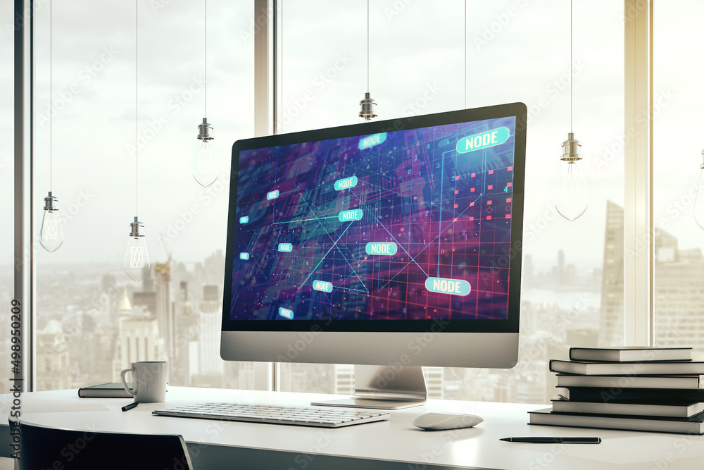 Fototapete modern computer screen with abstract graphic coding sketch, big data and networking concept. 3d rend
