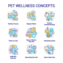 Fototapeta premium Pet wellness concept icons set. Feline and canine wellbeing idea thin line color illustrations. Human companionship. Isolated symbols. Editable stroke. Roboto-Medium, Myriad Pro-Bold fonts used