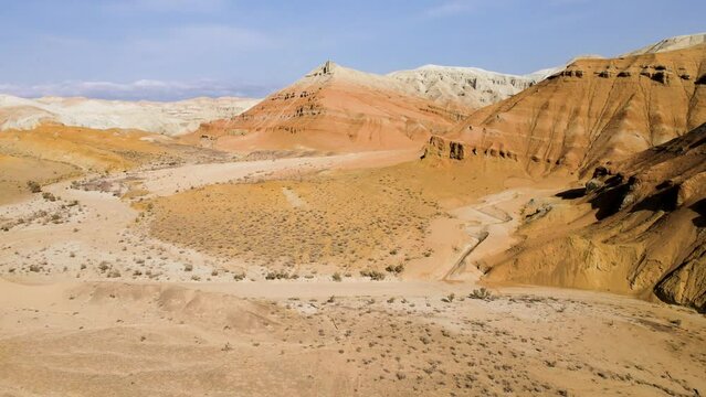 Drone shot of desert mountains Aktau in Kazakhstan
