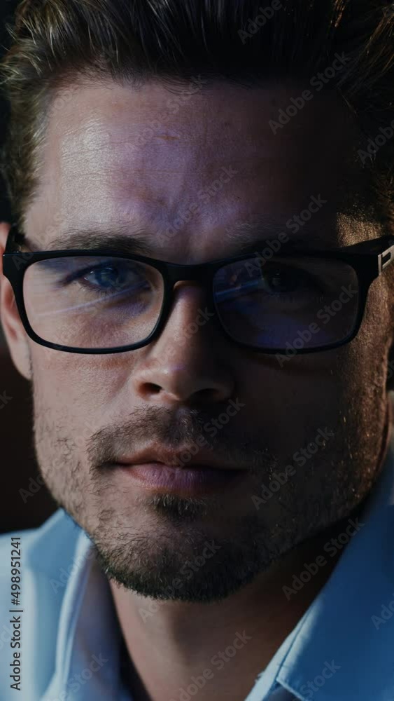Poster Vertical Screen. Portrait of Male Startup Digital Entrepreneur Working on Computer, Looking at Camera Line of Code Reflecting in Glasses. Developer Working on Innovative e-Commerce App using Big Data