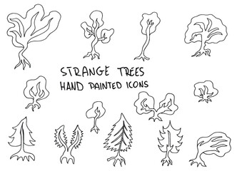 Strange trees hand painted doodles, icons.
