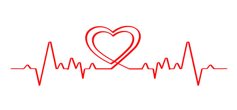 Cartoon red heartbeat pulse wave with heart love symbol. Heart beat medical healthcare icon or logo. Vector cardiogram  waves pictogram. Heart rhythm line pattern. Medical healthcare graphic. 
