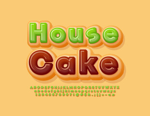 Vector advertising Banner House Cake. Green sweet Font. Delicious set of Alphabet Letters and Numbers