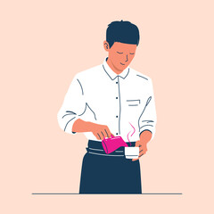 man barista pouring coffee. vector flat illustration in a modern style