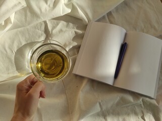 hand holding a cup of tea and blank journal 