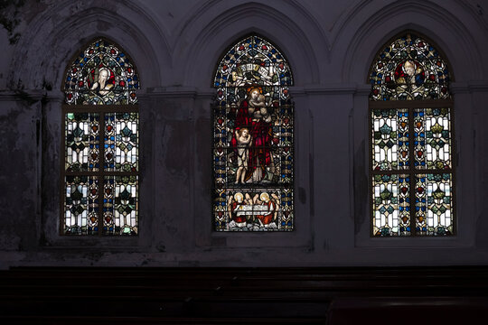 Stained glass window, amazing colorful window of an ancient church, house of god, place of worship, old ancient cathedral