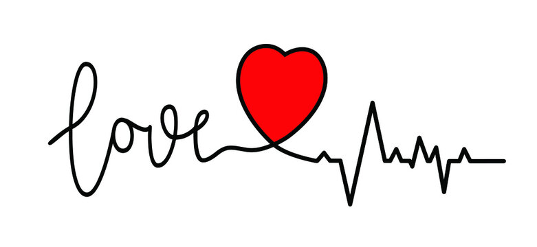 Cartoon red heartbeat pulse wave with heart love symbol. Heart beat medical healthcare icon or logo. Vector cardiogram waves pictogram. Heart rhythm line pattern. Medical healthcare graphic.