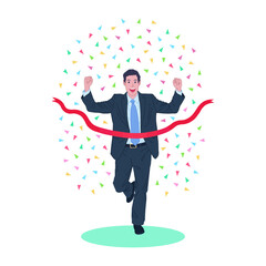 Businessman running crossing finish line red ribbon with confetti celebration flat vector illustration.