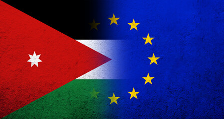Flag of the European Union with The Hashemite Kingdom of Jordan National flag. Grunge background