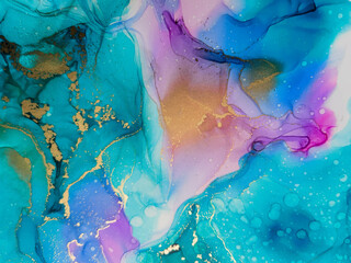 Abstract bright shiny color fluid background, hand drawn alcohol art painting with golden streaks, liquid ink technique texture for backdrop design