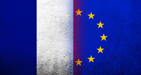 Flag of the European Union with The national flag of France. Grunge background
