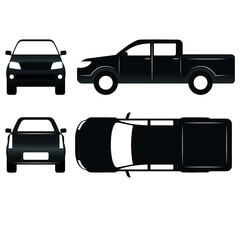 Pickup truck with four corners. Driverless car, side view, rear view, front view, top view.