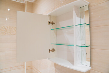wall cabinet with mirror and shelves for storage in the bathroom.
