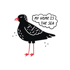 Vector illustration of a seagull with hand drawn lettering - my home is the sea.