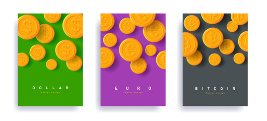 Set of leaflets templates with coins falling down of different currency, euro dollar and bitcoin. Vector illustration flyer