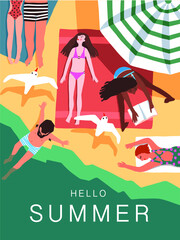 summer poster with people sunbathing on the sandy beach by the seaside - flat hand drawn vector illustration