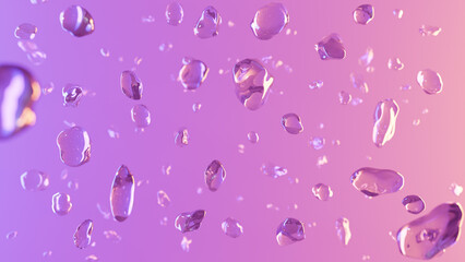 Purple and pink gradient background with glass water droplets in the foreground. Abstract 3d rendering for product photography and product editing