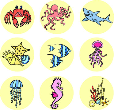 Colorfull cute sea animals stickers for kids with fanny red crab, octopus, blue shark and other underwater inhabitants.