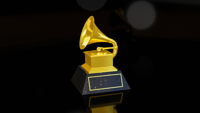 Isolated Grammy Award Statue On A Black, Dark Reflective Background With Empty Space For The Name.