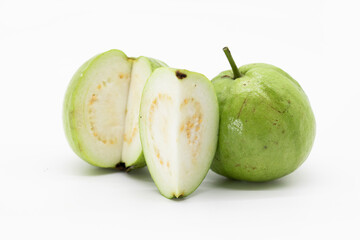 whole and slices fresh guava isolated on white background