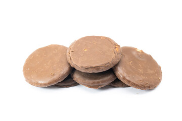 chocolate coating biscuits over on white background