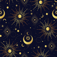Obraz na płótnie Canvas Vector gold seamless pattern with esoteric mystical elements. Trendy background for design of fabric, package, astrology, yoga mat, phone case.