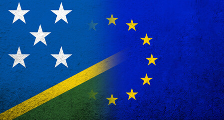Flag of the European Union with National flag of The Solomon Islands. Grunge background
