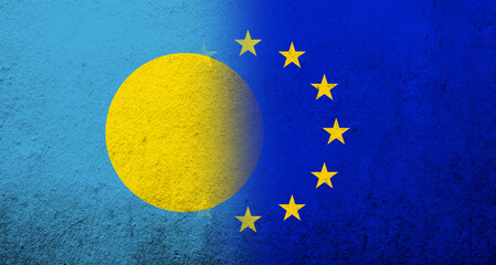 Flag of the European Union with Palau National flag. Grunge background