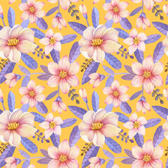 watercolor pattern with pink flowers and purple leaves on a yellow background, floral design