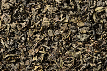 Green tea leaves on white background. Top view. Close up. High resolution