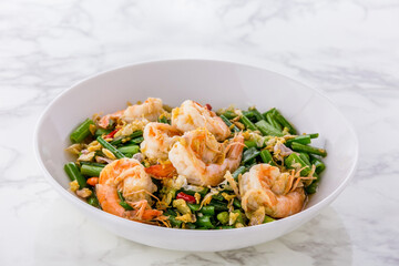 Stir fried onion flower stem with Shrimp