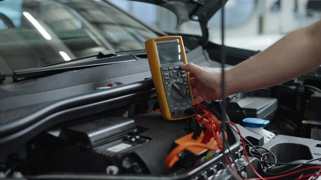 Worker setting up multimeter at engine compartment of electric car