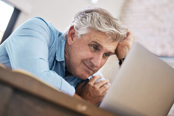 Fototapeta premium I can barely watch. Shot of a mature man sitting alone and feeling stressed while using his laptop to work from home.