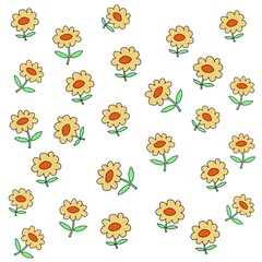 Sketch blossom floral botany collection flower drawings, scattered random line art on white background, seamless pattern Hand Drawn yellow