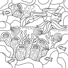 Underwater coloring page. Fishes, animal sponges and moray eel, deep plants. Hand drawn vector illustration. Sea bottom landscape
