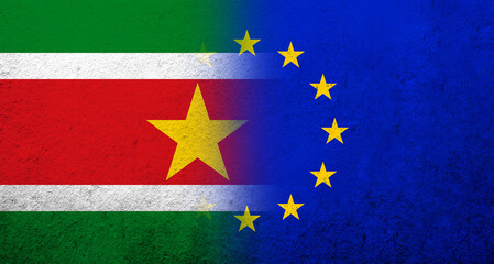 Flag of the European Union with Suriname National flag. Grunge background