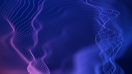 Digital moving wave. Background with moving luminous particles. Connecting dots and lines on a blue background. 3d rendering.