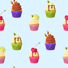 Cupcakes pattern with cherrie, lemon, pistachio cream, mint, chocolate, vanilla on light blue background. Vector cute cartoon illustration. Bakery shop, dessert, sweet products, cooking.