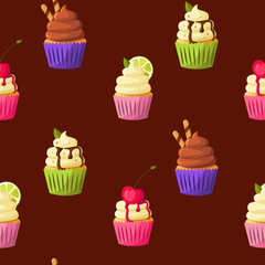 Cupcakes pattern with cherrie, lemon, pistachio cream, mint, chocolate, vanilla on brown background. Vector cute cartoon illustration. Bakery shop, dessert, sweet products, cooking.