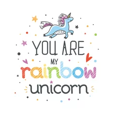  Motivational childish poster with hand drawn lettering "You are my rainbow unicorn". Cute art for greeting card, inspirational banner, apparel design, print. Trendy background with positive quote. © Mariia