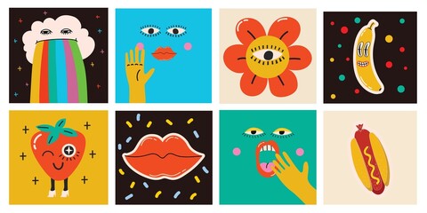 Big Set of Different colored Vector illustartions for posters in Cartoon Flat design. Hand drawn Abstract shapes, faces, different texture, greek elements, funny Comic characters.