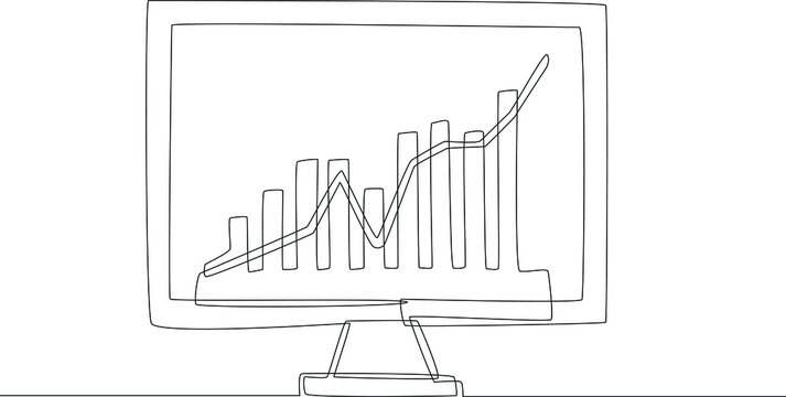 Single continuous line drawing share market chart data graphs on laptop computer at home. One line draw graphic design vector illustration.