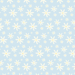 Cute Daisies Seamless Pattern on Blue Background. Simple Hand Drawn Vector Illustration. Great for Textile, Fabric Prints, Wrapping Paper. Cute floral print.