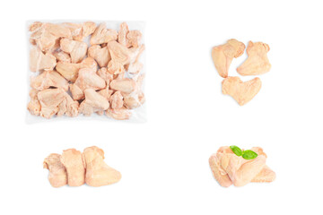 Industrial chicken selling and producing.Raw, frozen Chicken wings in a transparent package on an isolated white background.Top view.Copy space.